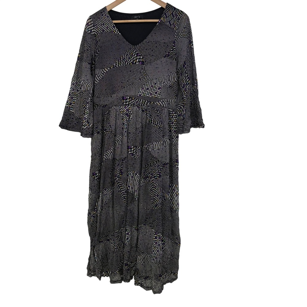 Comfy USA Womens Indie Geometric Abstract V-Neck Bell Sleeve Midi Dress L Artsy